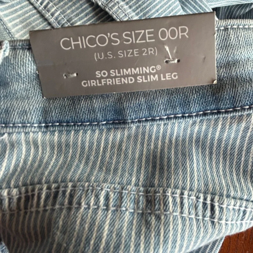 Chicos So Slimming Girlfriend Slim‎ Leg Stripe Dbl Fray Ankle Jeans 00R NWT
